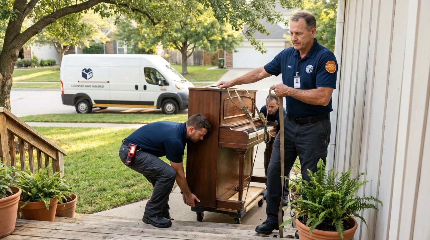 Licensed piano movers securing grand piano in West Chatham, MA