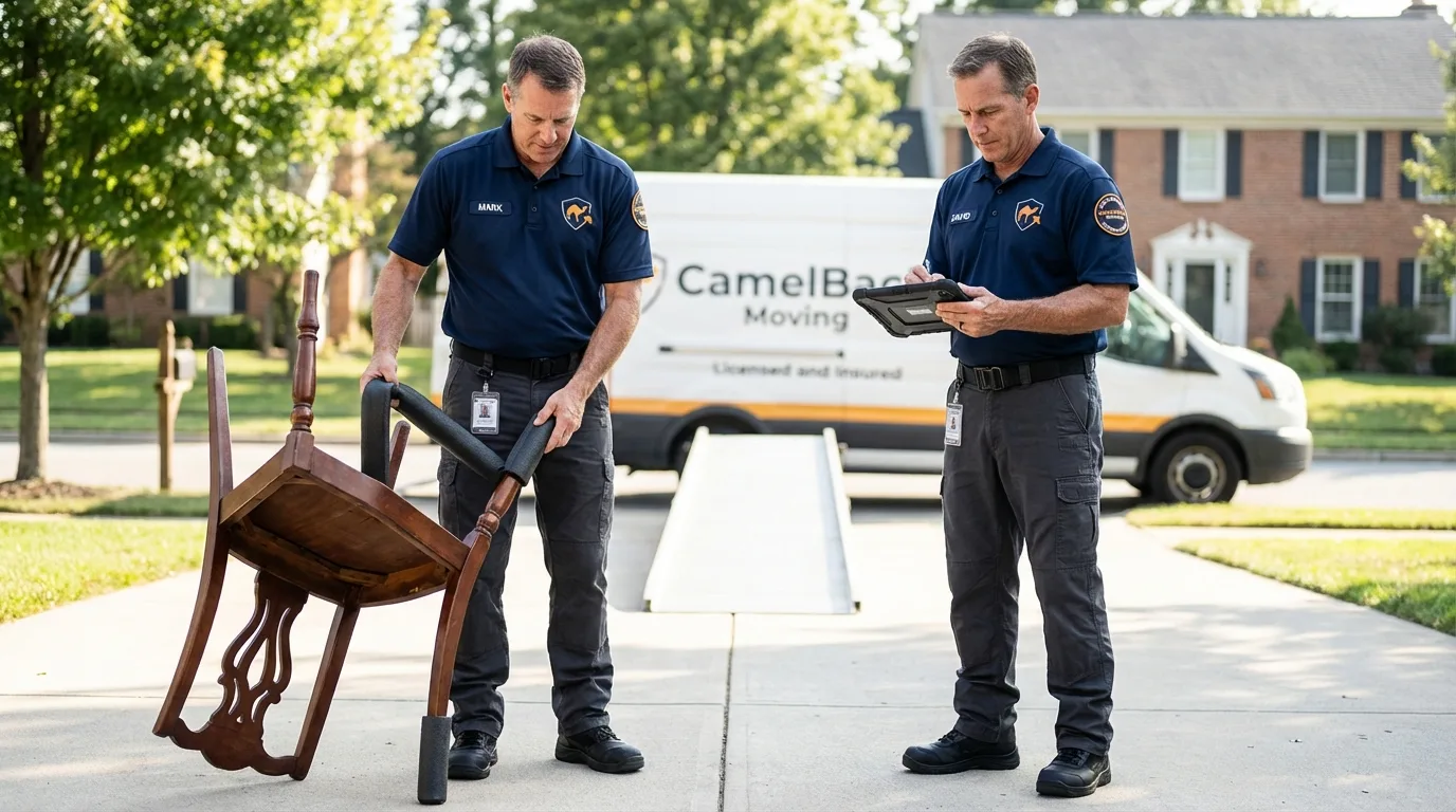 Movers inspecting furniture for damage prevention before loading in West Chatham, MA