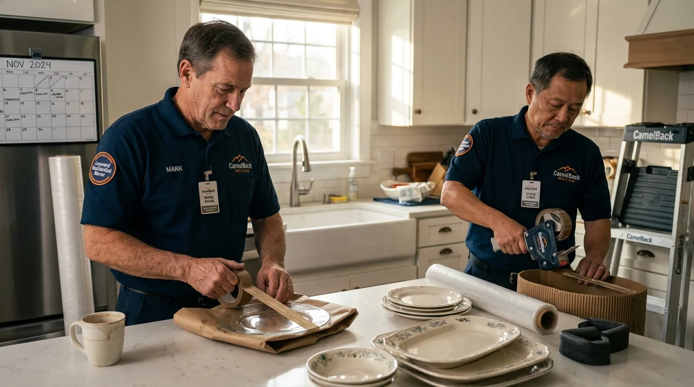 Professional crew packing kitchen dishware in West Chatham, MA